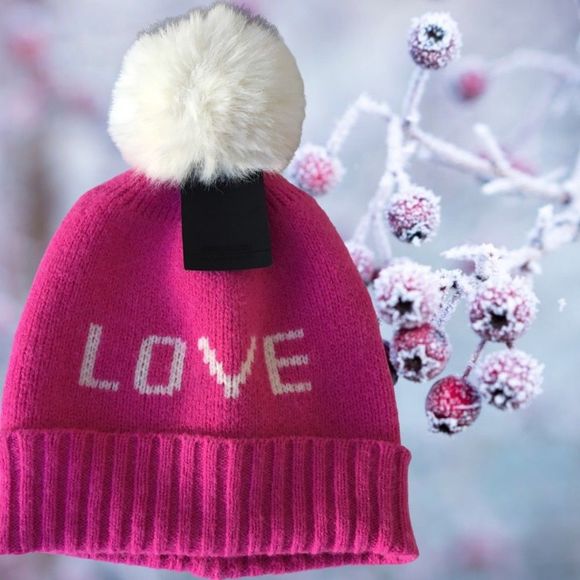Doeverything Inlove Pink W/White Faux Fur Pom-Pom Cozy Fall-Winter BennieHat NEW - Picture 6 of 6